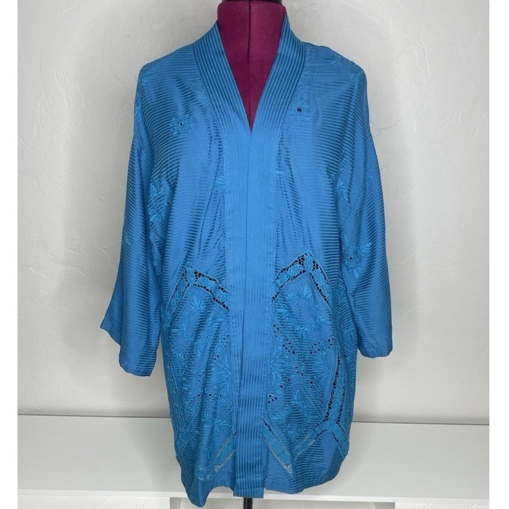 Soft Surroundings Kimono Women XL Blue Eyelet Lace Crochet Wrap‎ Cardigan 2EK46